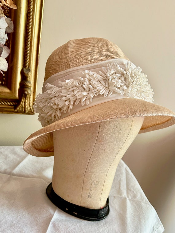 Straw Cloche Hat with Raffia Ribbon, Vintage 60's 