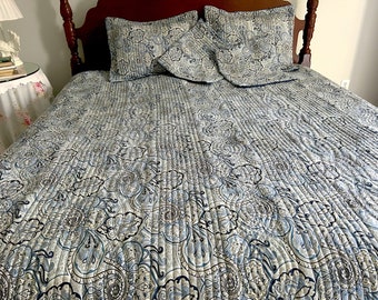 Blue White Coverlet Set, Waverly Queen 5 Piece Bedding Ensemble, Blue Paisley with Stripes, Coverlet Two Shams Two Square Pillow Covers