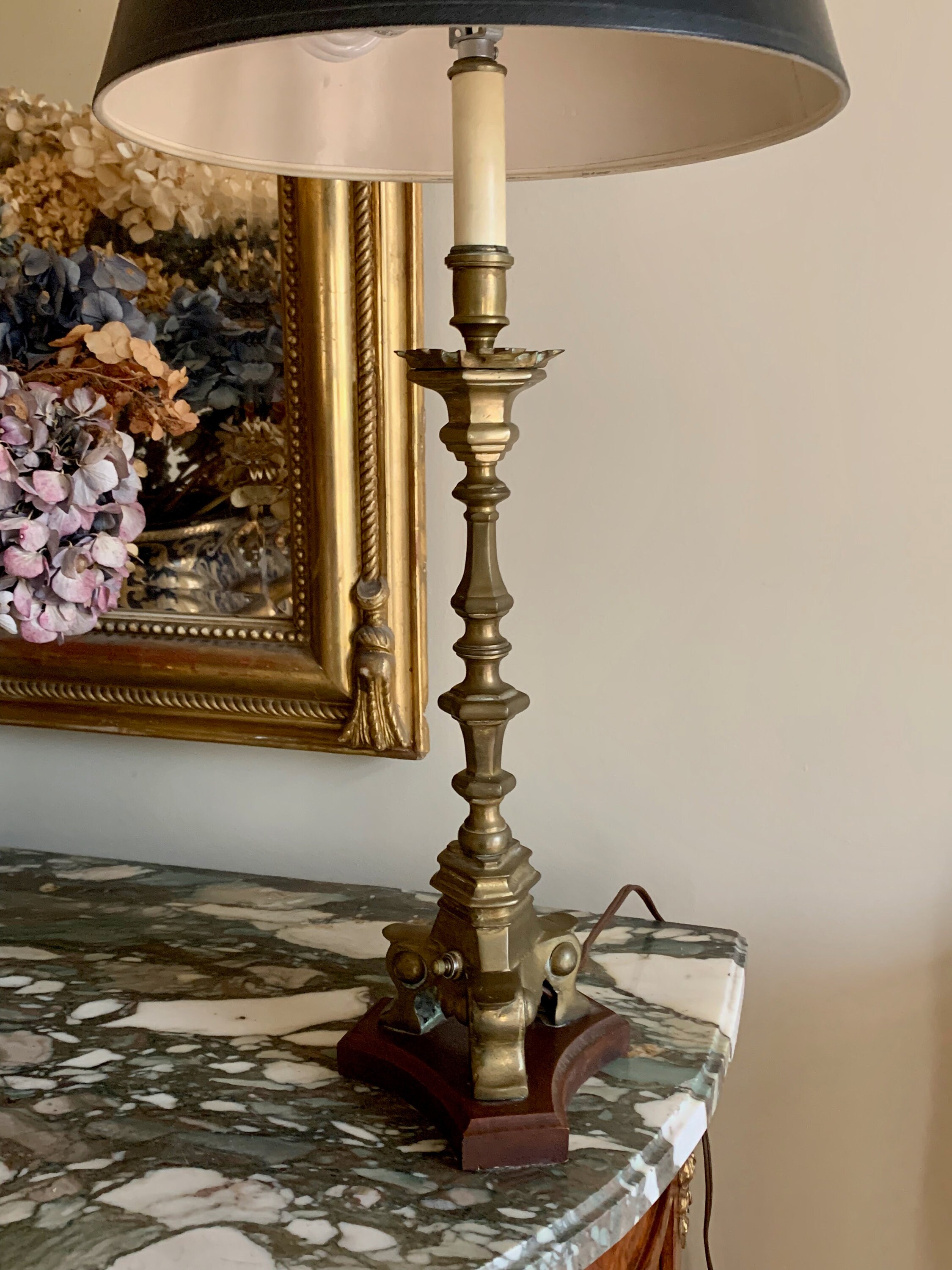 Brass Wood Candlestick Lamp, Vintage Old English Brass Candlestick Lamp