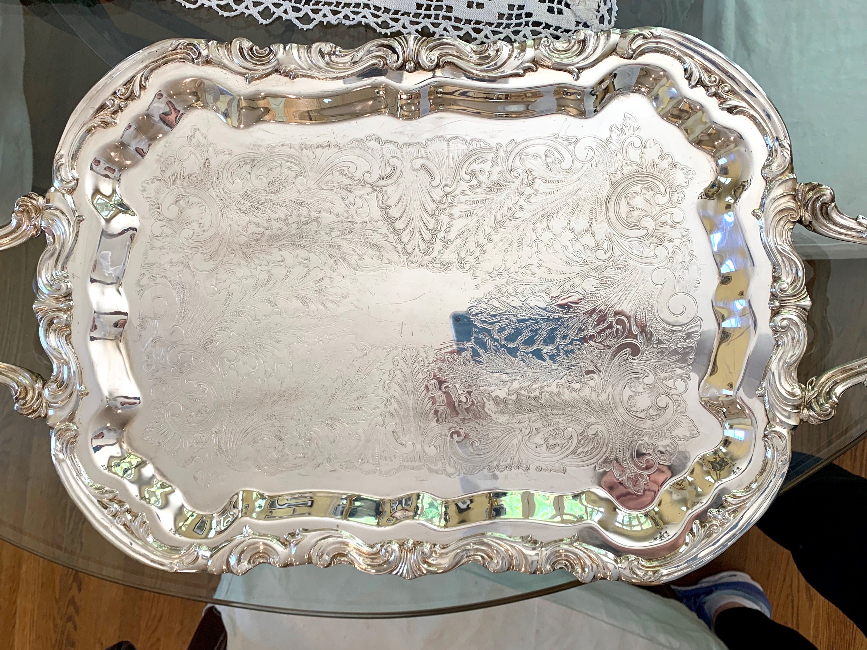 Silver Butlers Tray, Vintage Footed Silver Plate Serving Tray, Large