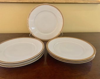 Saxe German Porcelain Plates, Set of 7 Plates, Gold Rimmed, White Porcelain Gold Rim 9.75 Inch Luncheon or Small Dinner Plate, Holiday China