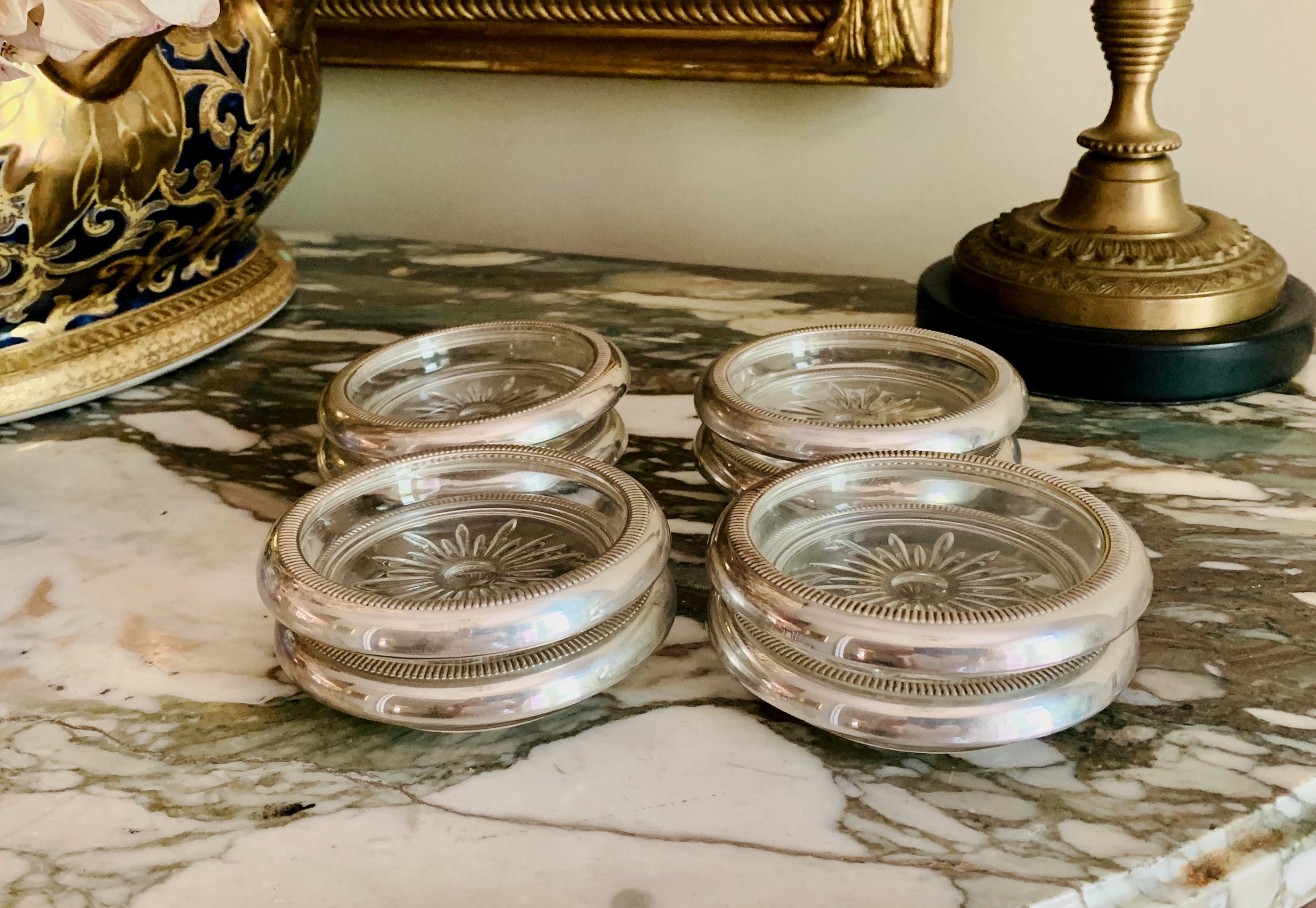 Sterling Silver Glass Coasters, Set of 8 Crown Sterling Coasters, Mid