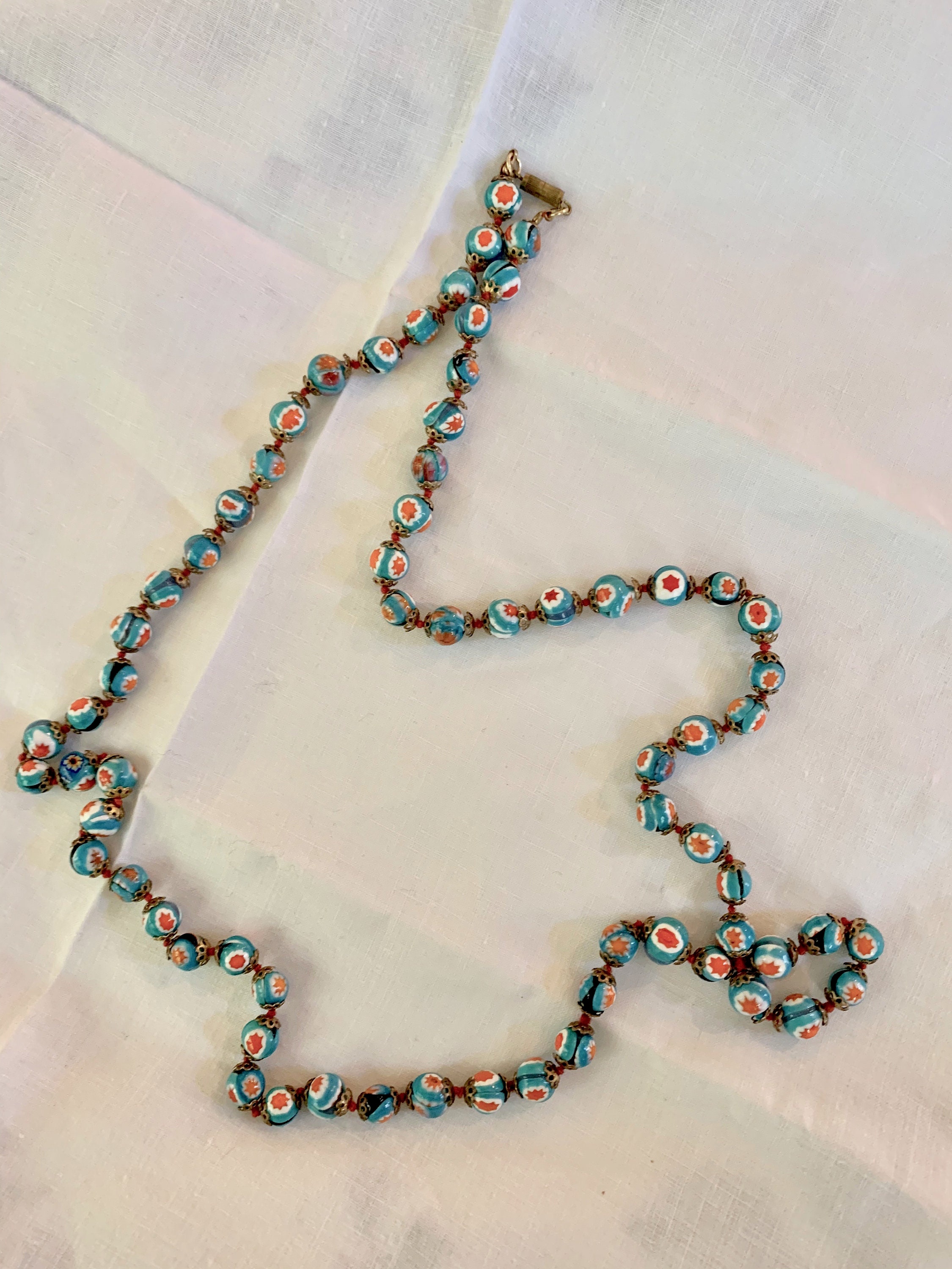 Enameled Bead Necklace, 34 Inch Necklace, Knotted Bead Necklace