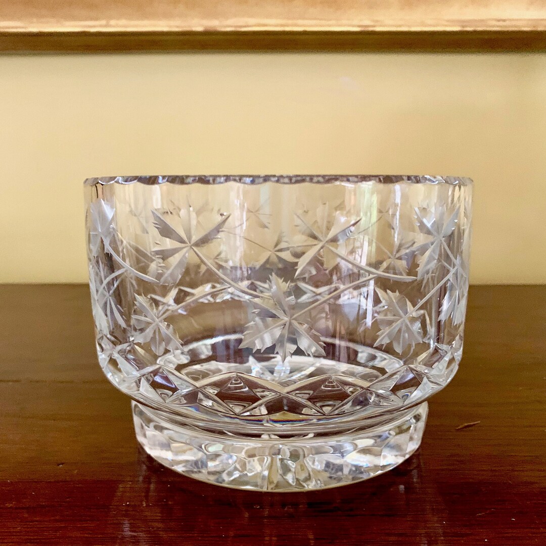 Crystal Footed Bowl With Cut Leaf Designs, Vintage Decorative Crystal