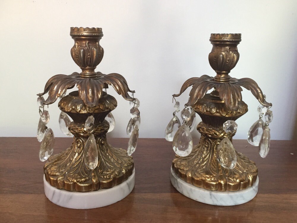 Italian Brass Candle Holders Hollywood Regency Marble Base Brass Crystal Candlesticks 8 Inch