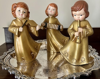 Vintage Ceramic Christmas Angels, Set of Three Gold Musical Figurines, 1960s Japan
