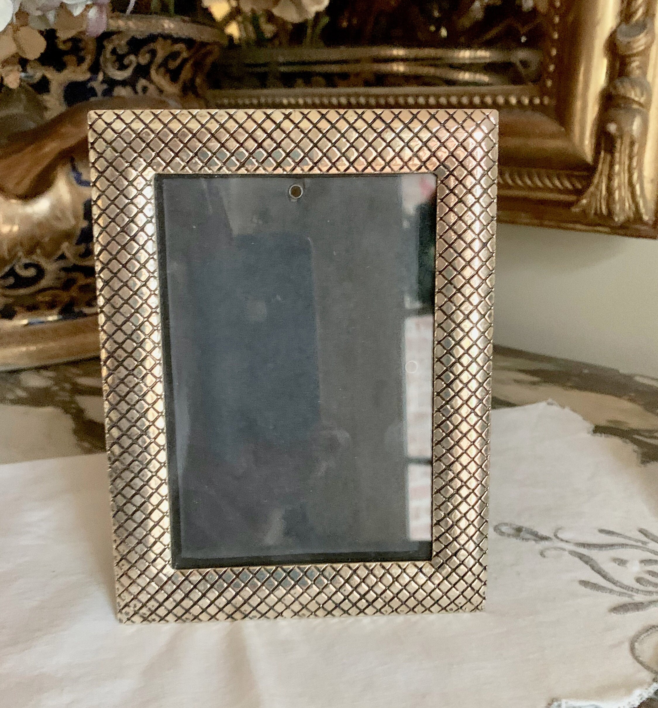 Silver Plate Photo Frame, Vintage Photo Frame 3.5 x 5 Image, Modern Geometric Pattern Design