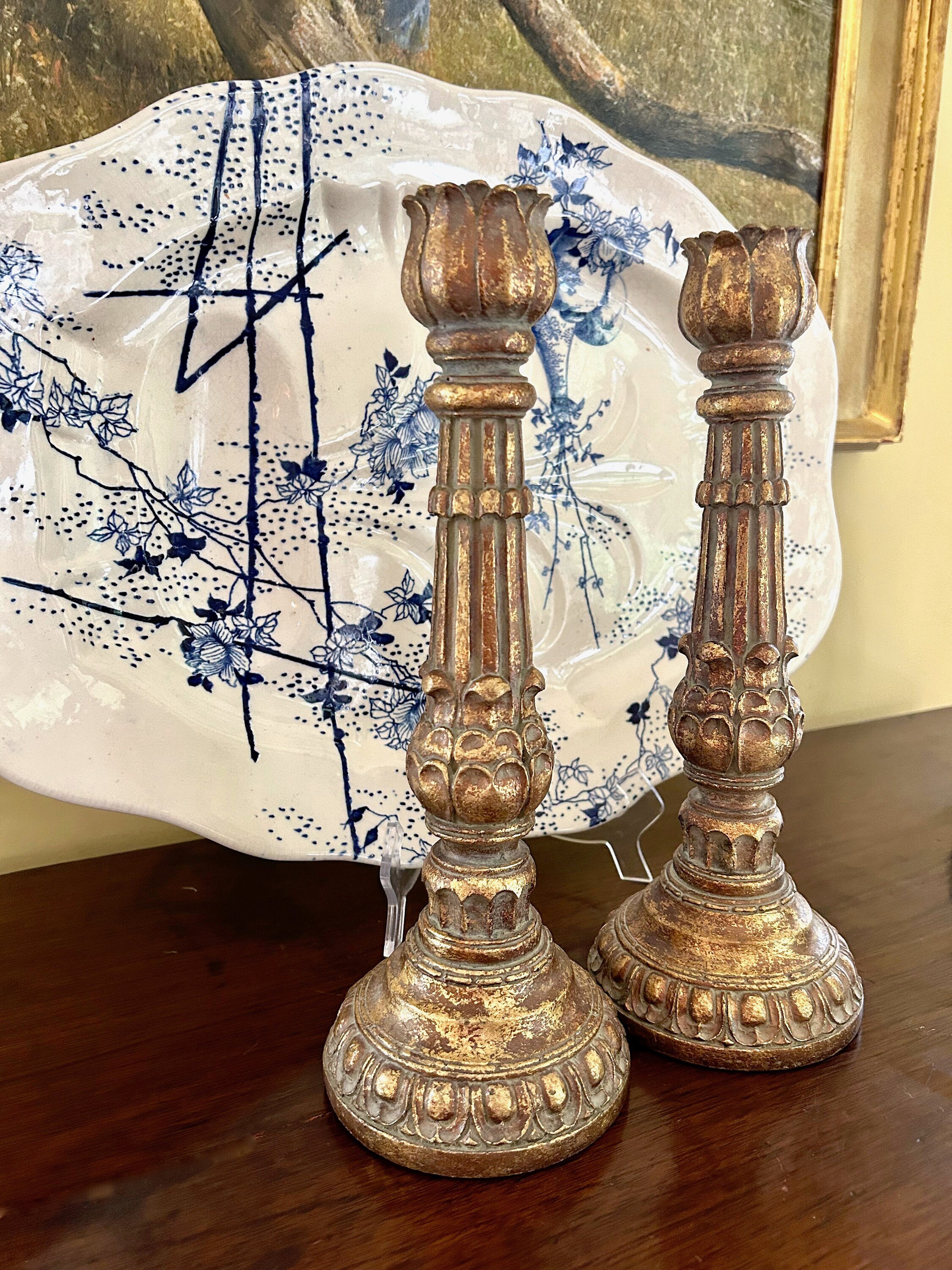 Tall Gold Candlesticks, Vintage Neo Classical Style Gold Leafed