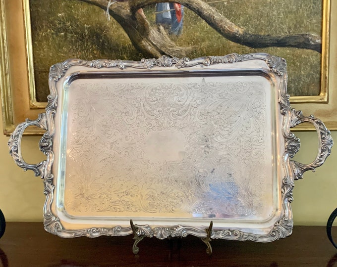Featured listing image: Silver Footed Butler's Tray,  Birmingham Silver Company Silver over Copper Heavy Footed Waiter's Tray with Handles, Chased Scroll Design,