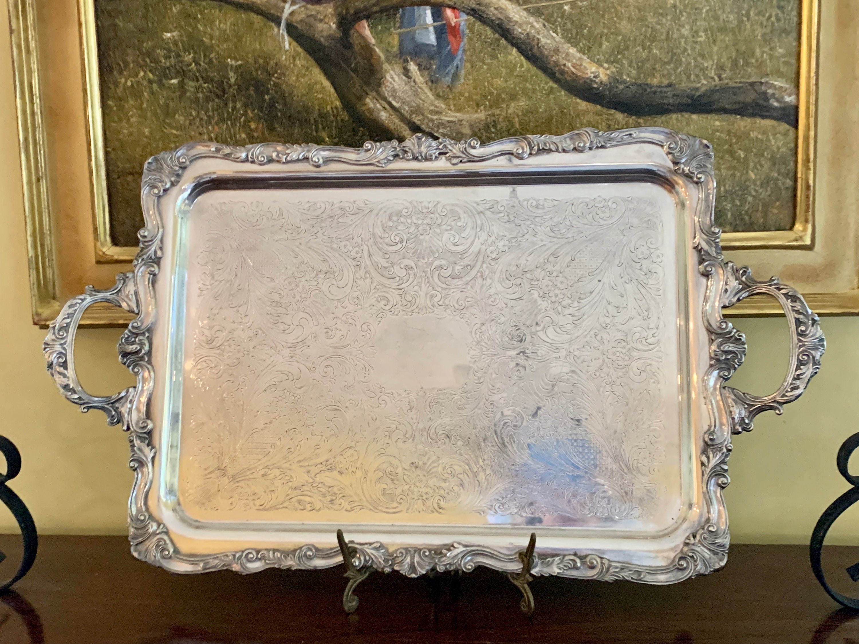 Silver Footed Butler's Tray, Birmingham Silver Company Silver over Copper  Heavy Footed Waiter's Tray with Handles, Chased Scroll Design