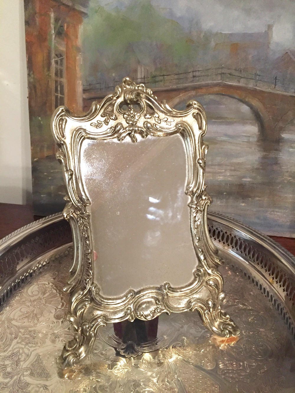 Vintage Art Nouveau Style Framed Mirror Easel Back Table Top Vintage Art Nouveau Style Framed Mirror Easel Back Table Top Vanity Boudoir Silver Toned With Gold Cast Mirrors