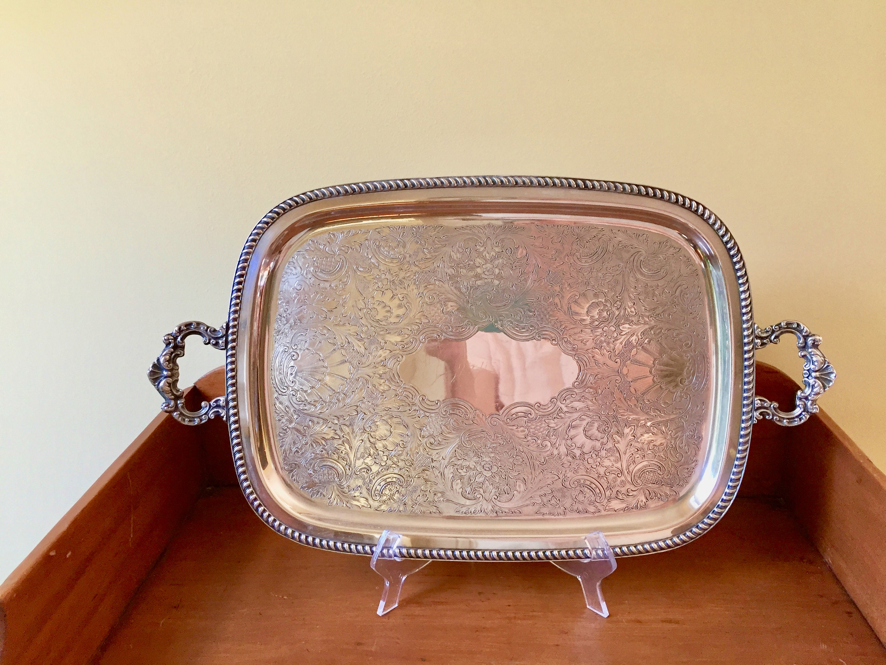 Vintage Silver Plate Serving Tray, 20 Inch Butler's Tray