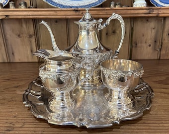 Silver Tea Service Set, Three Piece Sheridan Silver over Copper Tea Serving Set Grape Leaf Pattern, Wedding Bridal, Garden Party Tea Service