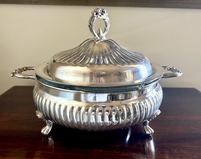 Featured listing image: Silver Footed Casserole, Vintage Round Silverplate Covered Casserole with Pyrex Insert, Leonard Silver Plate Serving Casserole with Lid