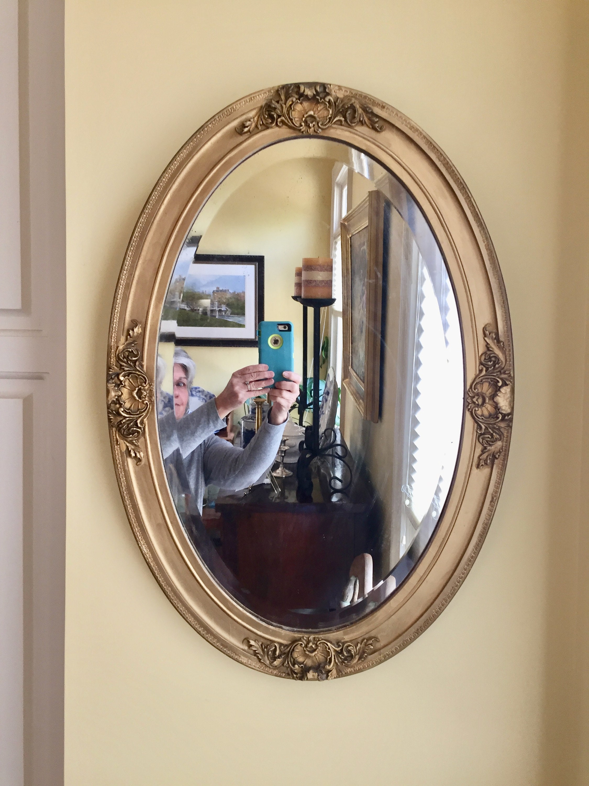 Oval Gesso Beveled Mirror, Vintage Gold Toned Wooden Oval Mirror