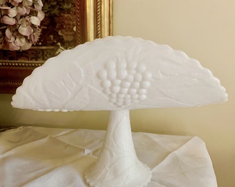 Milk Glass Banana Basket, Vintage Smith Milk Glass Tall Footed Banana Compote Stand, Grape Leaves Pattern, Milk Glass Centerpiece