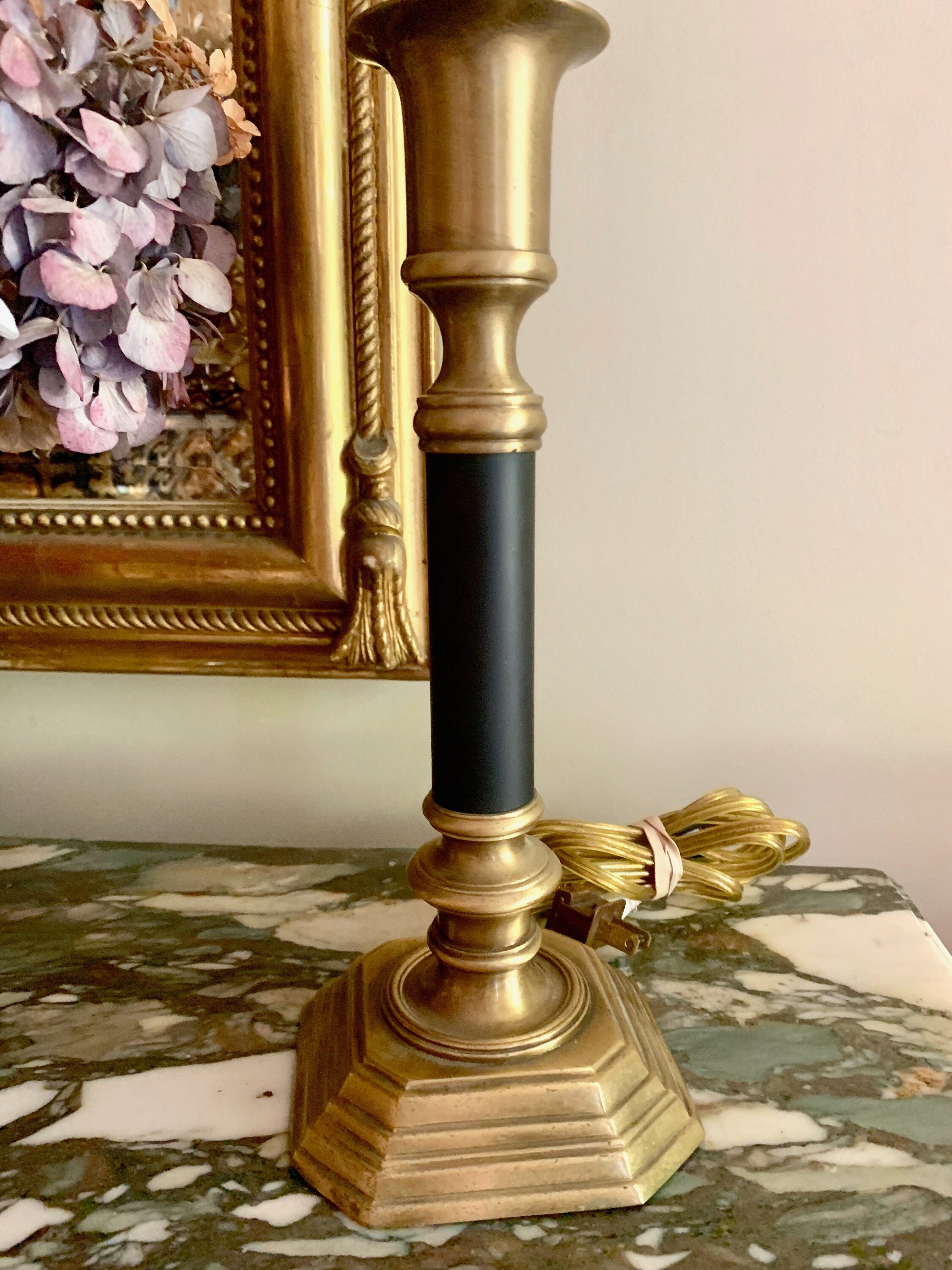 Pair of Candlestick Lamps, Black and Antique Brass Candlestick Buffet