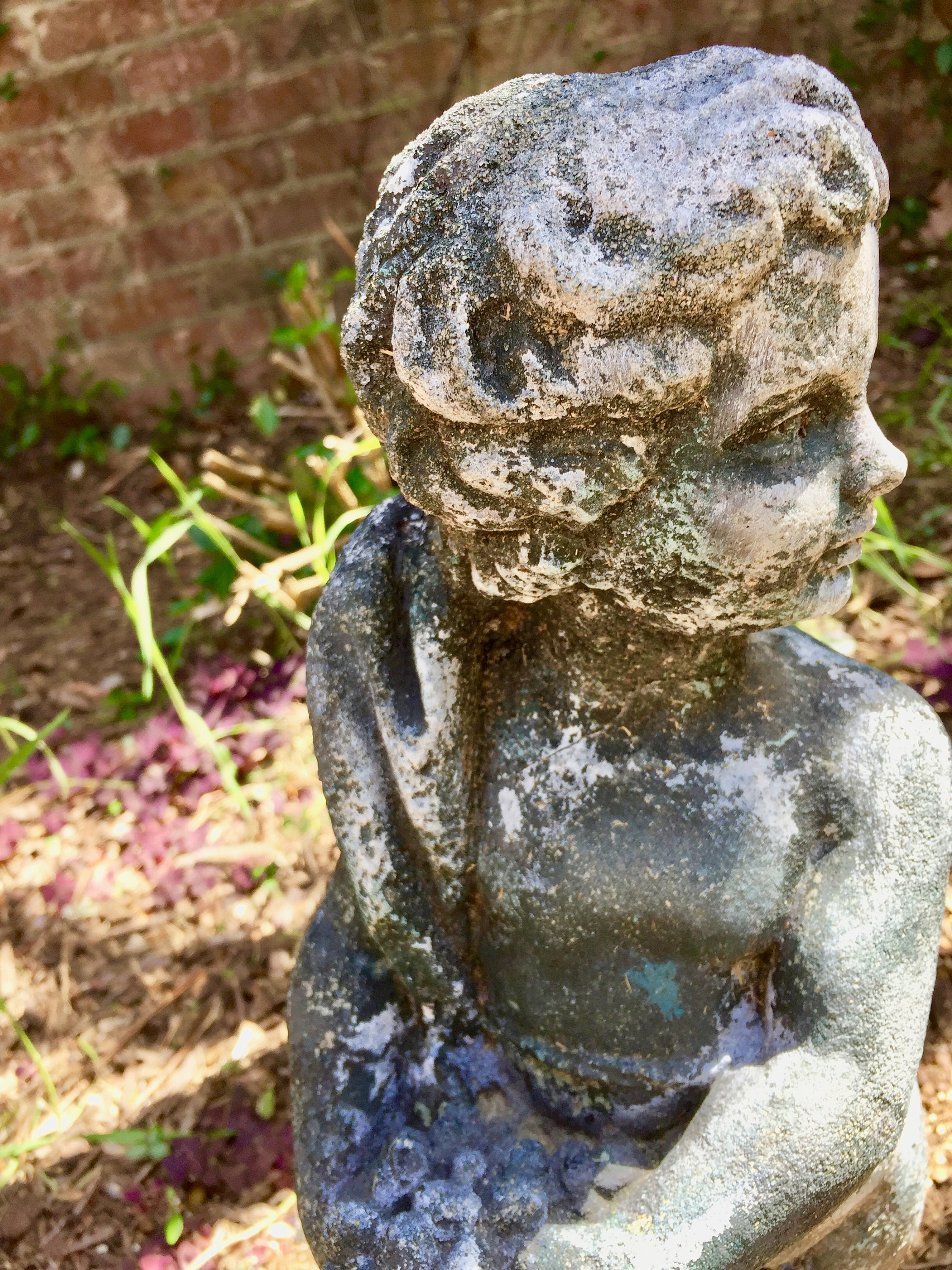 Concrete Garden Cherub, Vintage Concrete Garden Statuary 18 Inches Tall