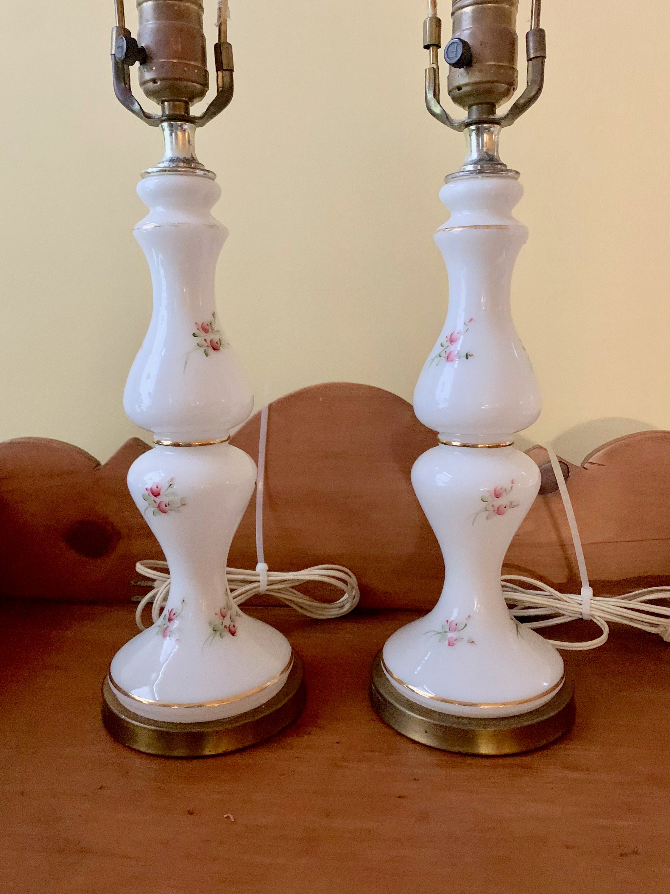 Pair of Milk Glass Lamps, Hand Painted Vintage Table Lamps, Vanity