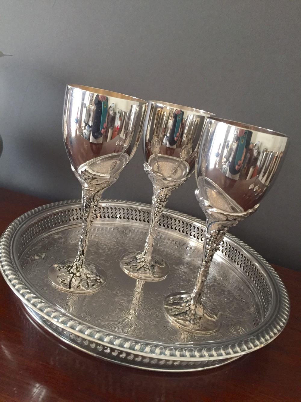 Silver Plate Wine Goblet, Grape Pattern Stem and Base, 6 ounce Goblet