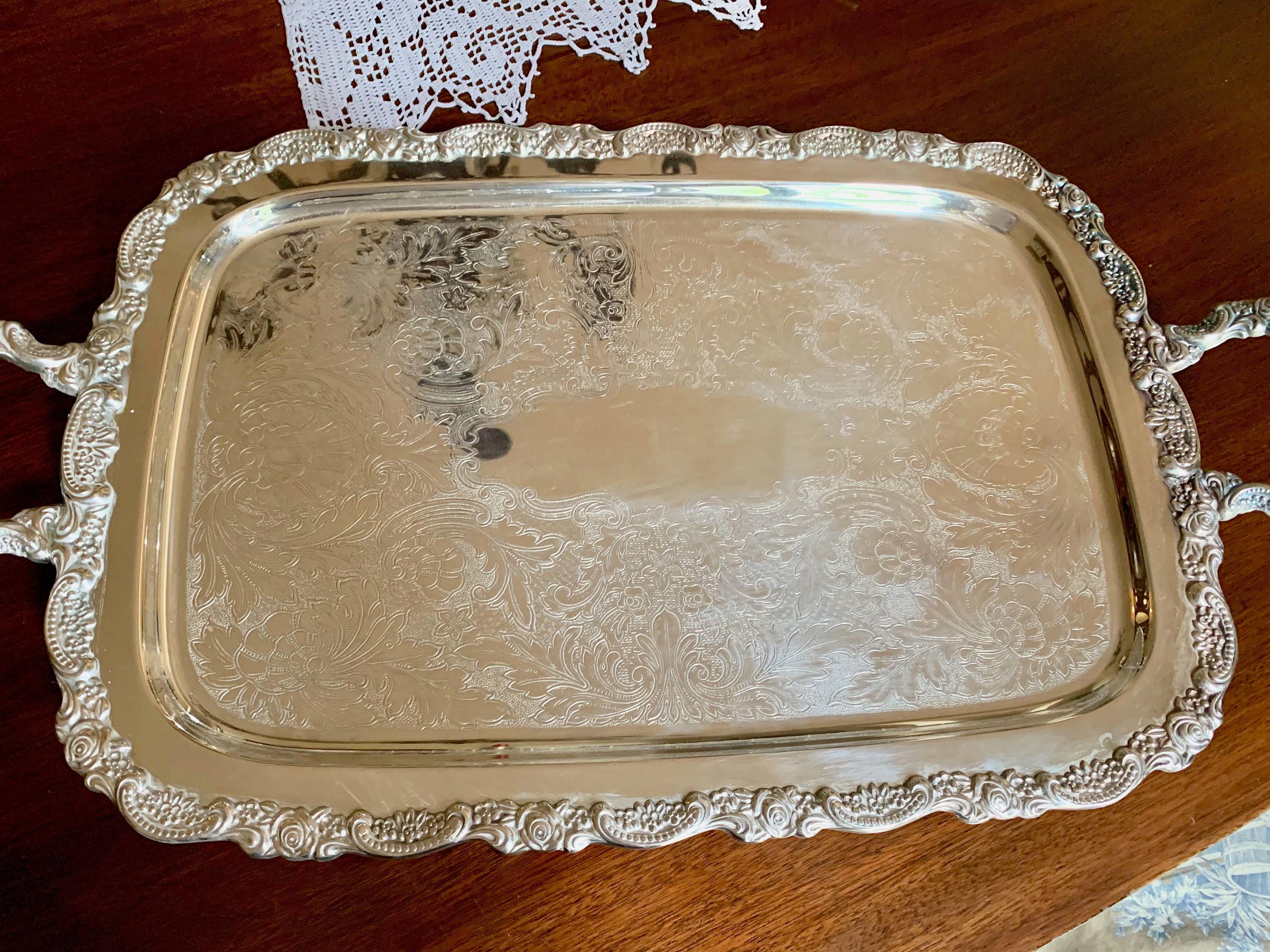 Silver Butlers Tray, Large Footed Silver Serving Tray with Handles