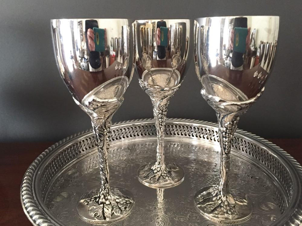 Silver Plate Wine Goblet, Grape Pattern Stem and Base, 6 ounce Goblet, Wedding Goblets, 3