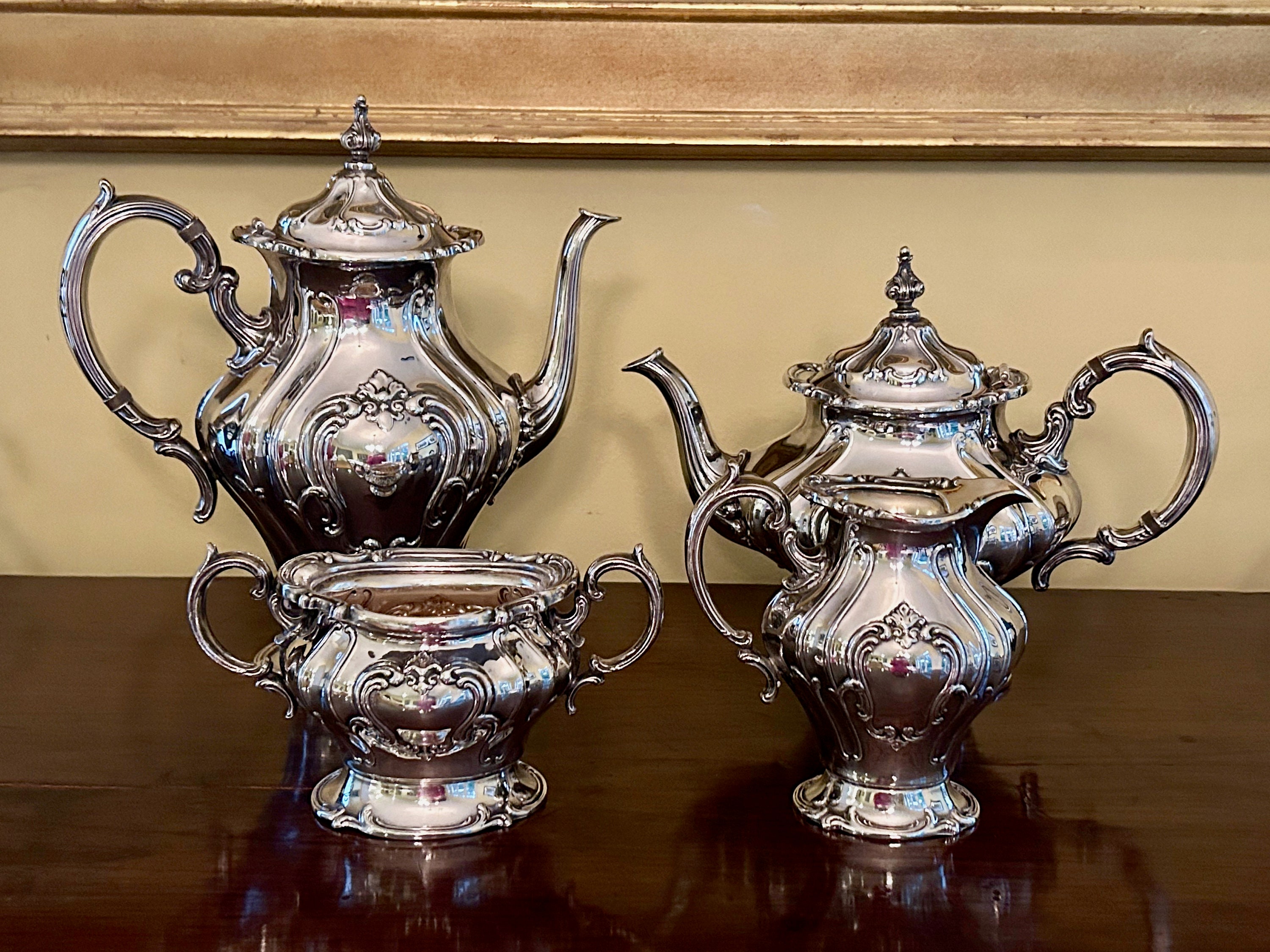 Chantilly Silver Service Set vintage Gorham Four Piece Silver Plate Service Set Chantilly Silver Plate Coffee Teapot Creamer Sugar Etsy Canada