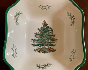 Spode Christmas Tree Serving Bowl, Square 9 Inch Christmas Spode Bowl Made in England, Green Band, Christmas China, light Vintage Wear