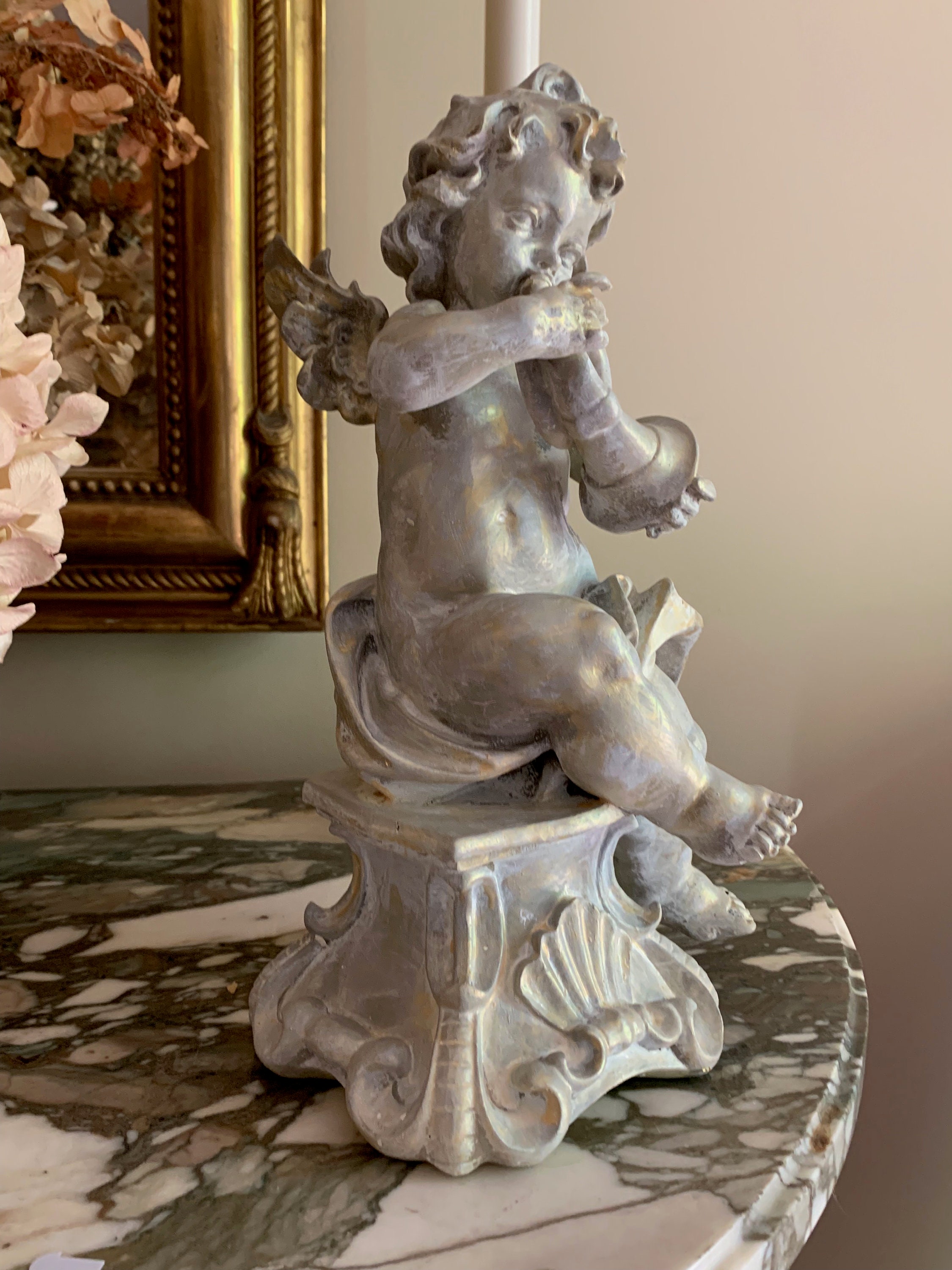 Cherub Statue Hand Painted Gray with Gold Highlights, Cherub Paper