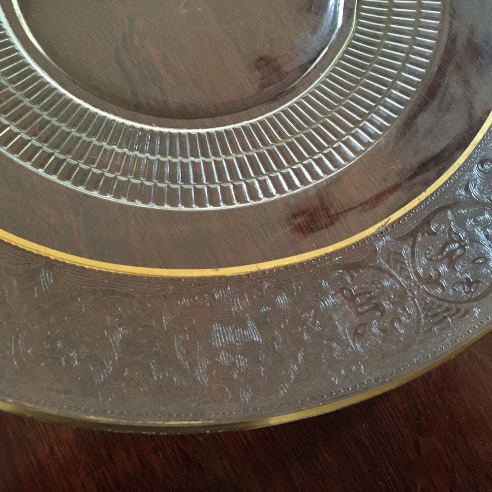 Art Deco Glass Dessert Tray Pastry Tray, Etched Gold Trim and Handles, Vintage Glass Serving
