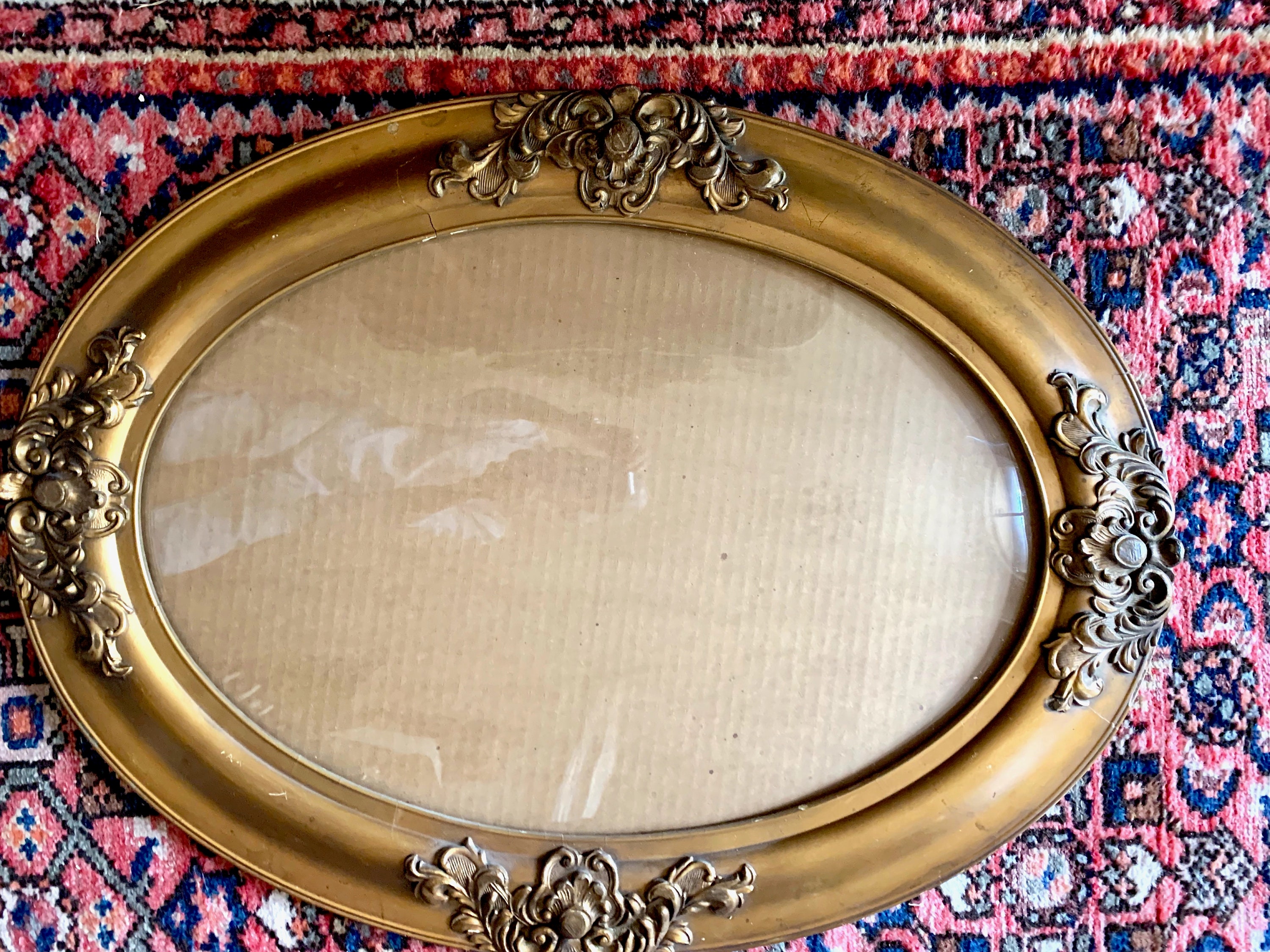 Victorian Oval Frame with Bubble Glass, Antique Gold Toned Wooden Oval