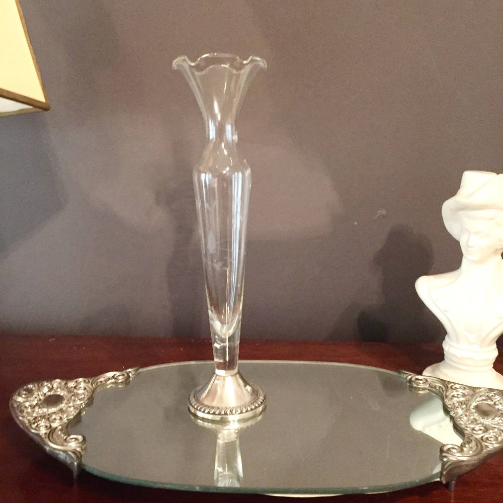 Sterling Silver Crystal Bud Vase, Duchin Sterling Base, Fluted Etched Crystal