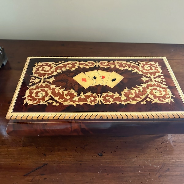 Italian Marquetry Card Box, Vintage Gargiulo Jannuzzi Wooden Marquetry Card Box with Velveteen Lining, Card Lover Gift, Unusual Card Box