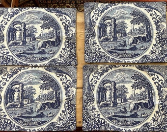 Spode Placemats, Blue White Placemats, Set of 4 Vintage Spode Placemats, French Country Cottage Farmhouse, Blue White Kitchen Linens