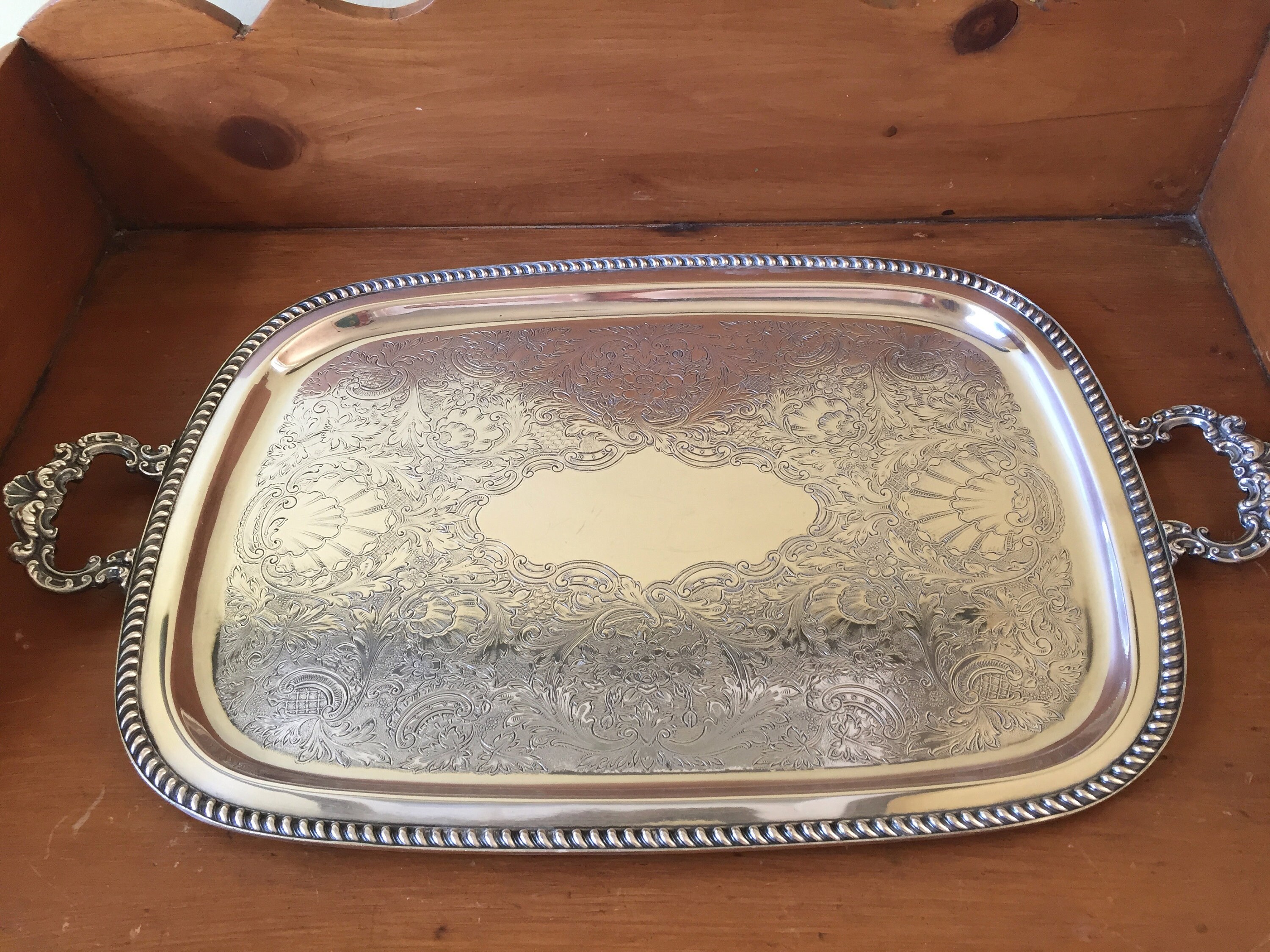 Vintage Silver Plate Serving Tray, 20 Inch Butler's Tray, Silver