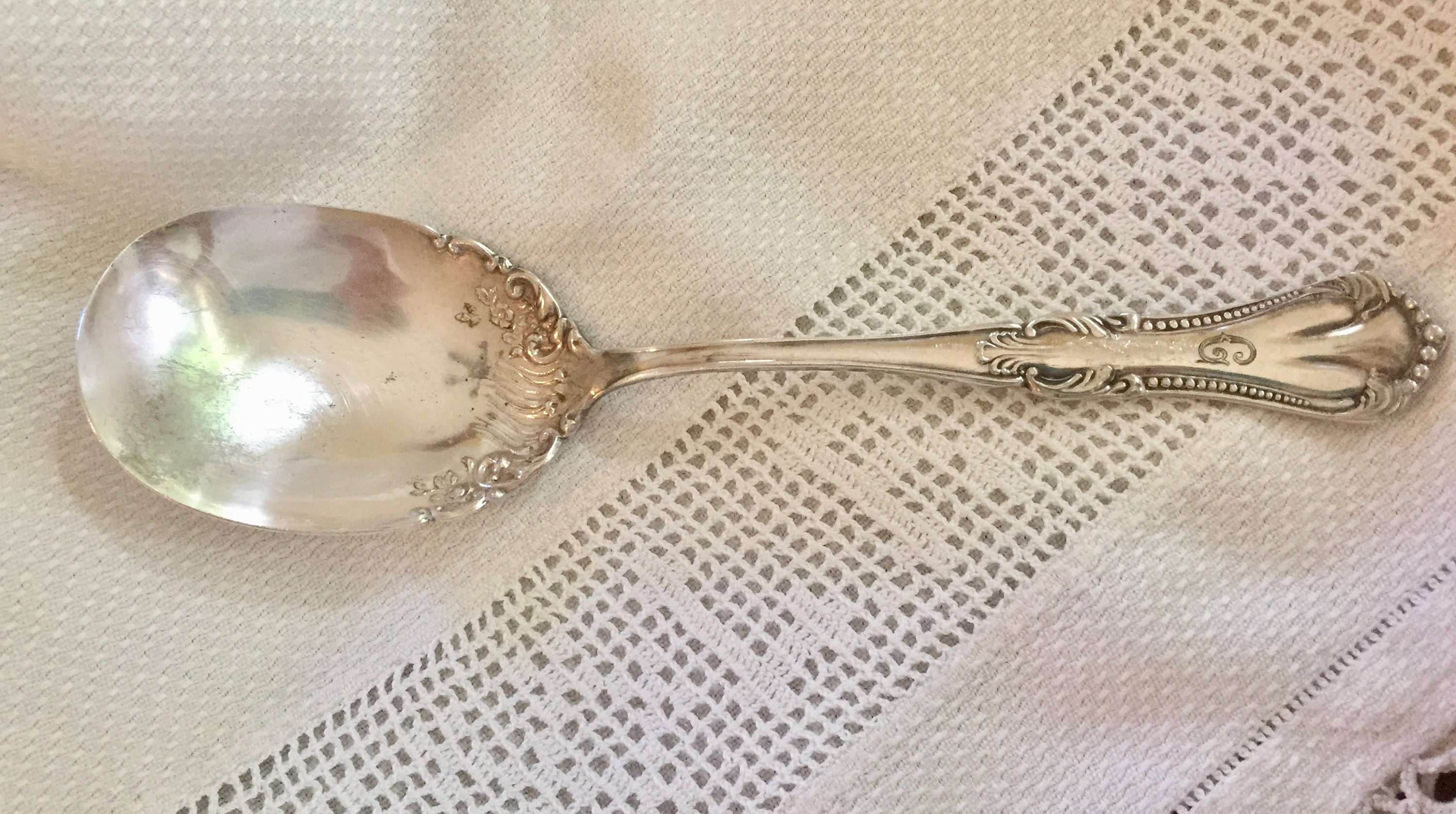Antique Silver Casserole Spoon, 1905 Rogers Marcella Pattern, Monogram