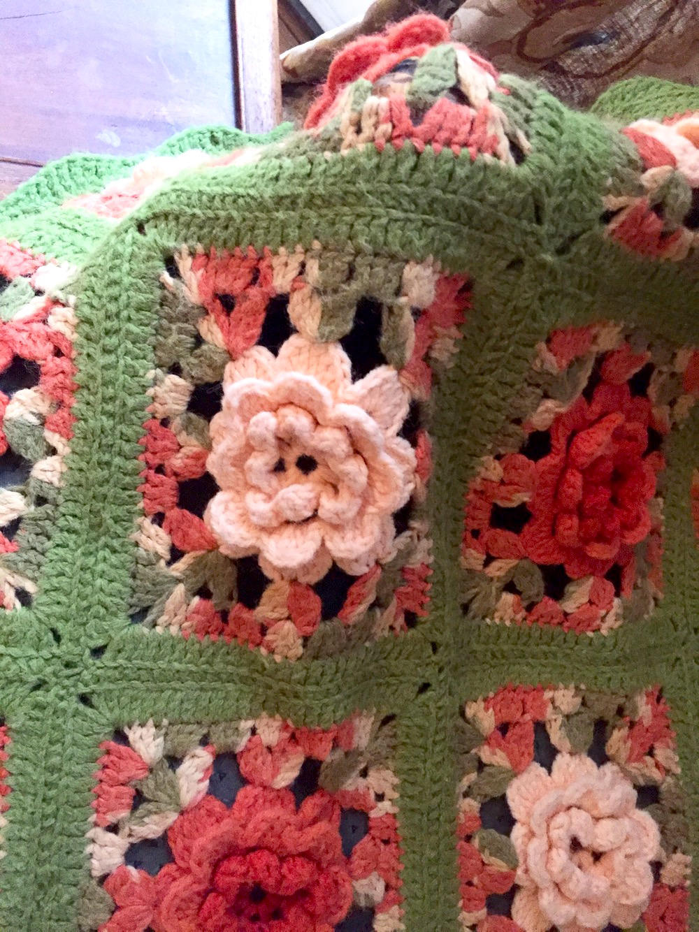 Vintage Granny Square Afghan, Crochet Afghan Throw, Flower Medallions