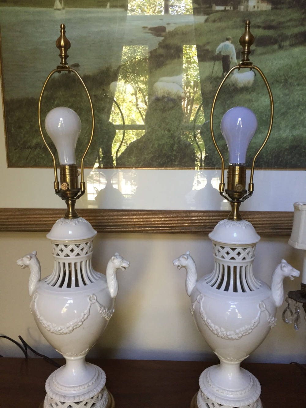 White Porcelain Wildwood Lamps, Vintage Urn Style French Country Table Lamps, Draped Flowers