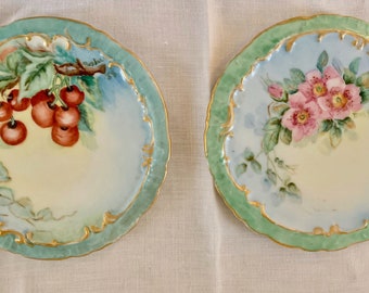 Hand Painted Trivet Plates, Mid Century Porcelain Painted Decorative Plates Gold Rimmed, Fruit Flower Design Dated 1958 Signed