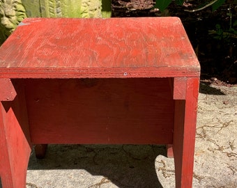 Handmade Red Wooden Stool, Vintage Red Plant Stand, Milking Stool, Work Stool, Small Step Stool, Country Farmhouse Primitive