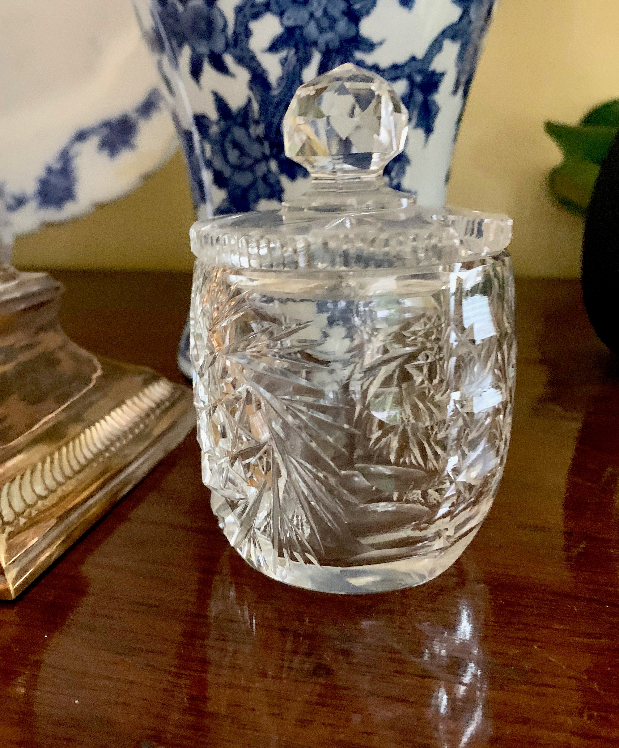 Cut Glass Jam Jar, Covered Jelly Jar, Vintage Condiment Jar, Star