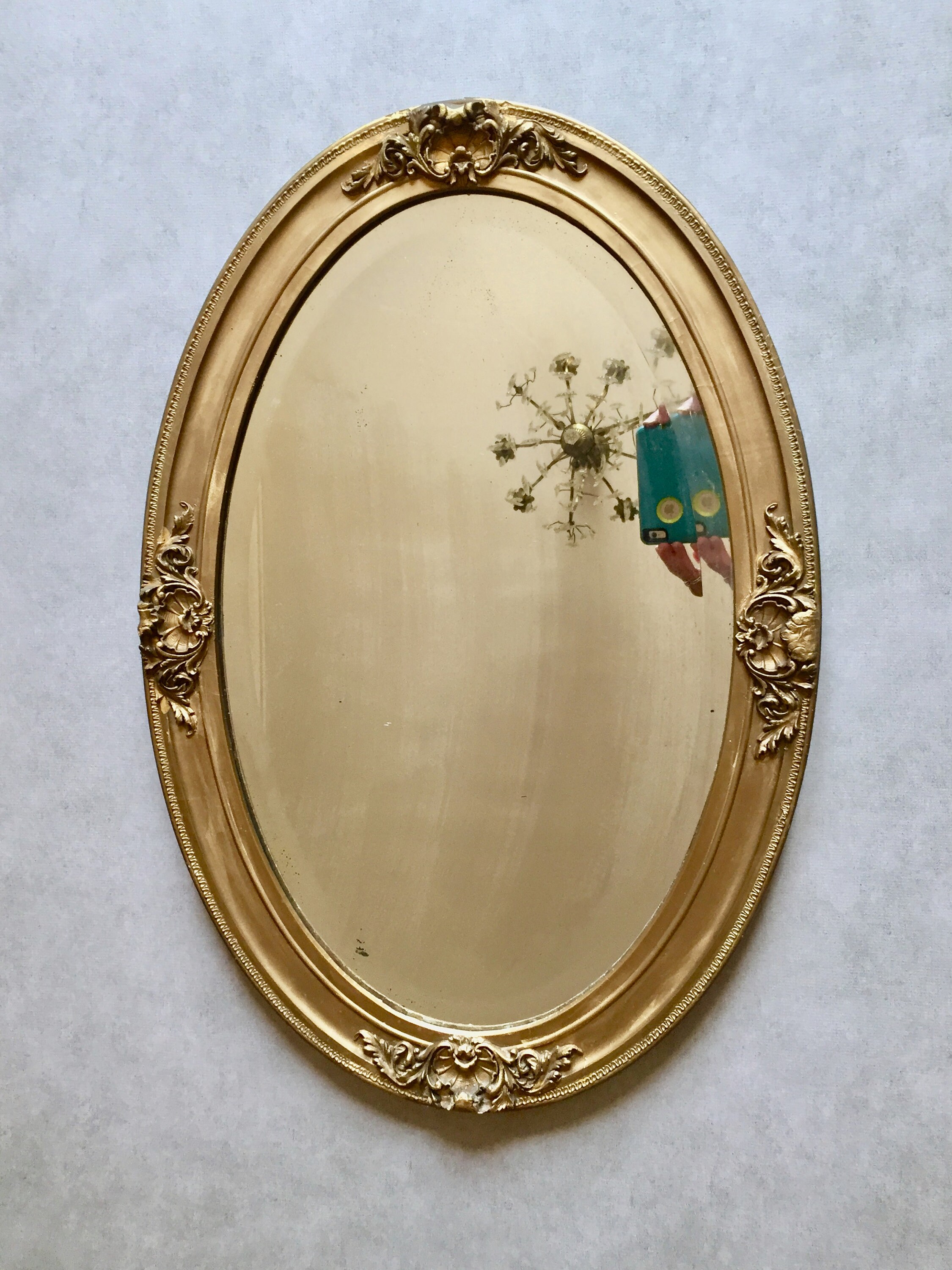 Oval Gesso Beveled Mirror, Vintage Gold Toned Wooden Oval Mirror