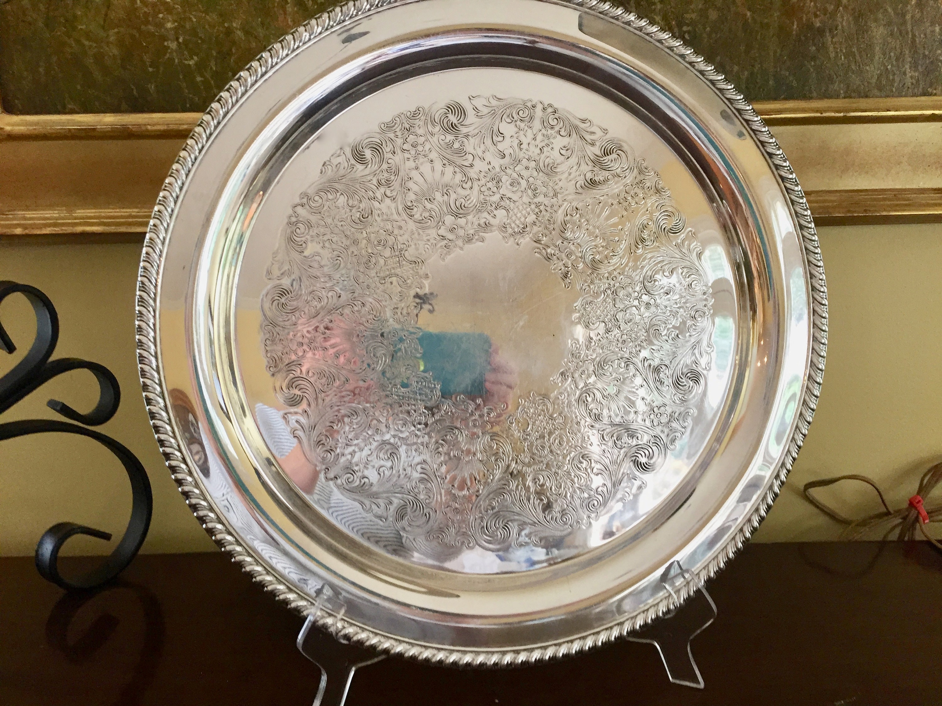Round Silver Tray, Vintage Silver Plate 15 Inch Serving Tray, Embossed Design, Large Barware Tray