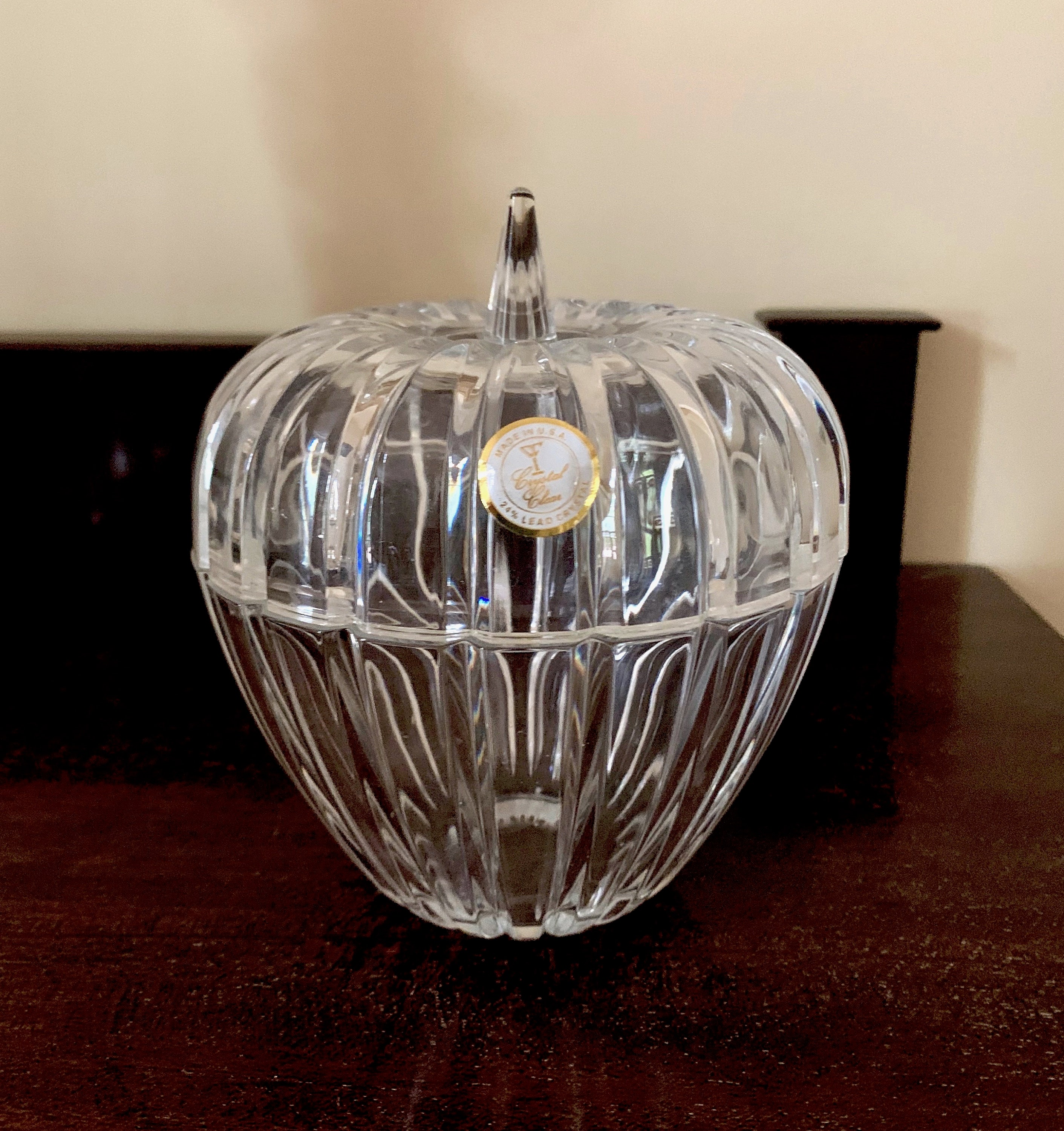 Crystal Candy Dish, Vintage Lead Crystal Apple Shaped Covered Candy