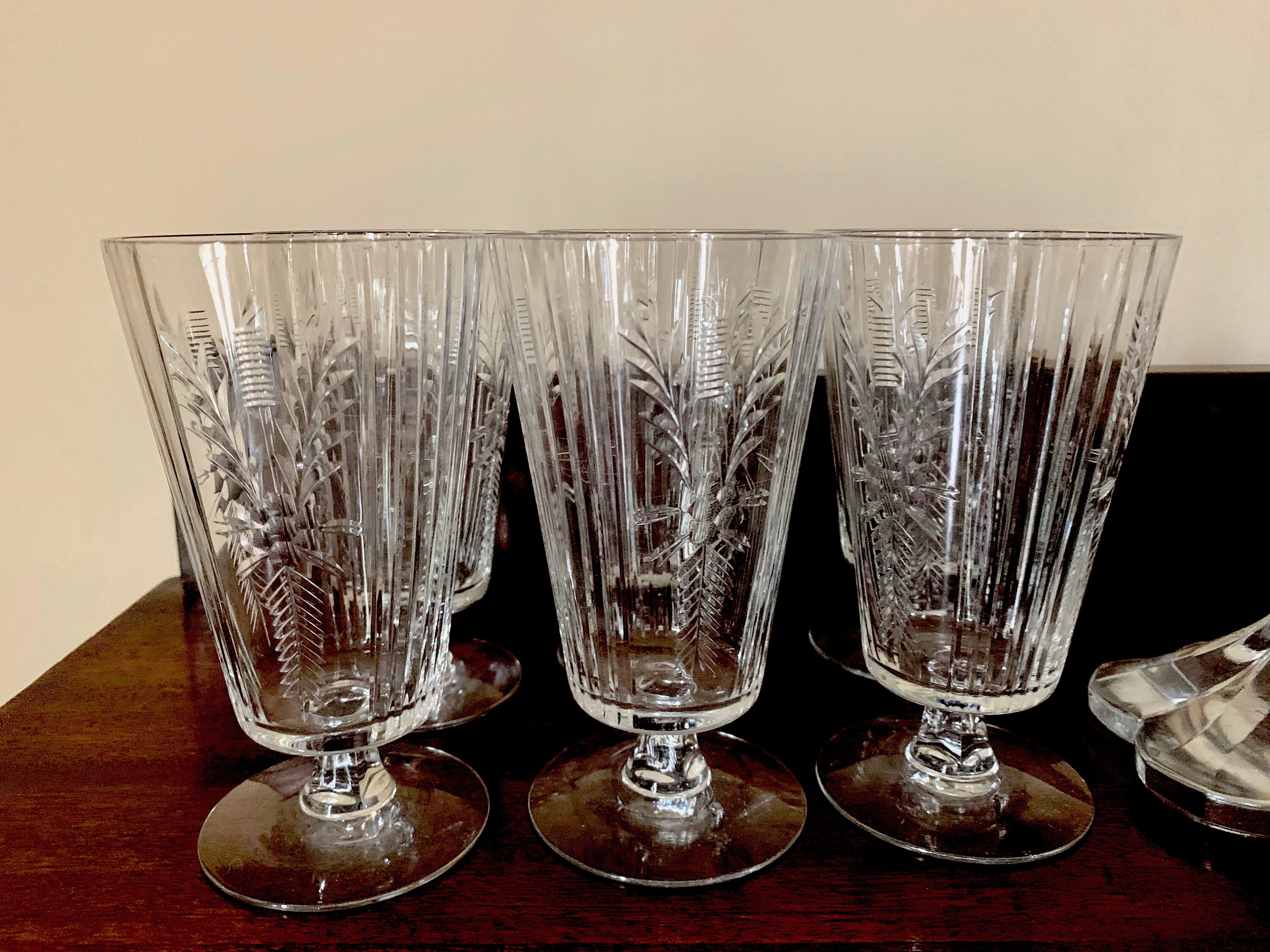 Cut Crystal Ice Tea Goblets, Set of 6 Art Deco Crystal Goblets, Footed