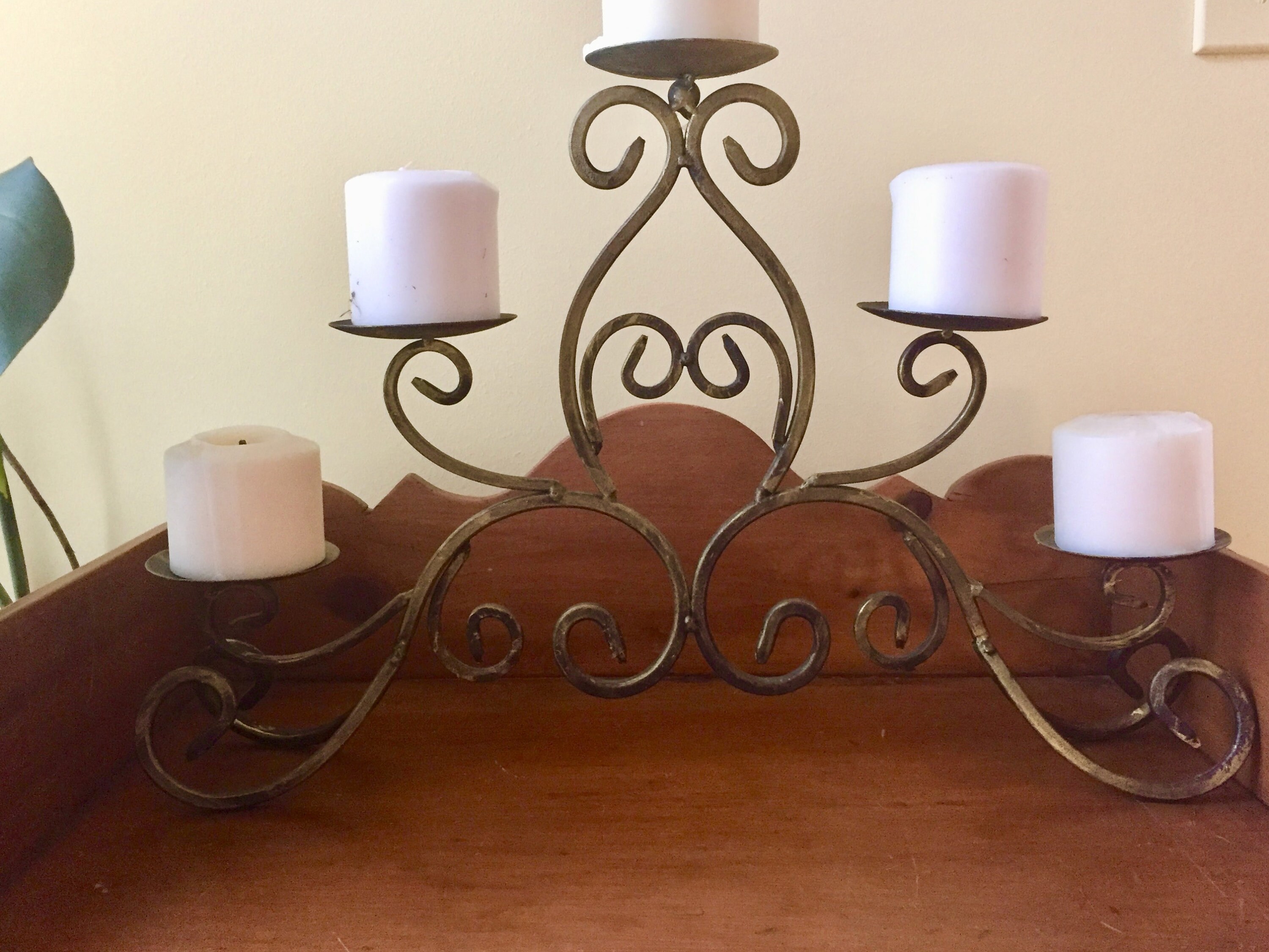 Wrought Iron Pillar Candelabra, 5 Pillar Candlestick, Rustic Black Gold