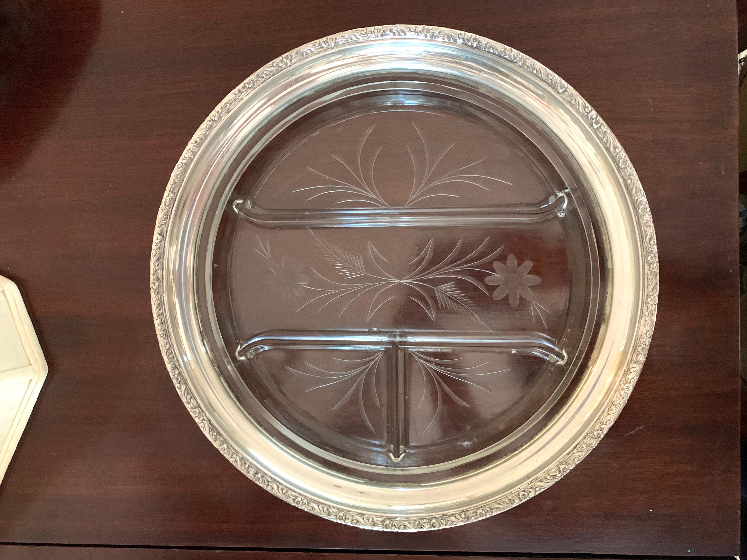 Sterling Silver Cut Glass Relish Dish, 12 Inch Divided Relish Dish, Mid Century Repousse