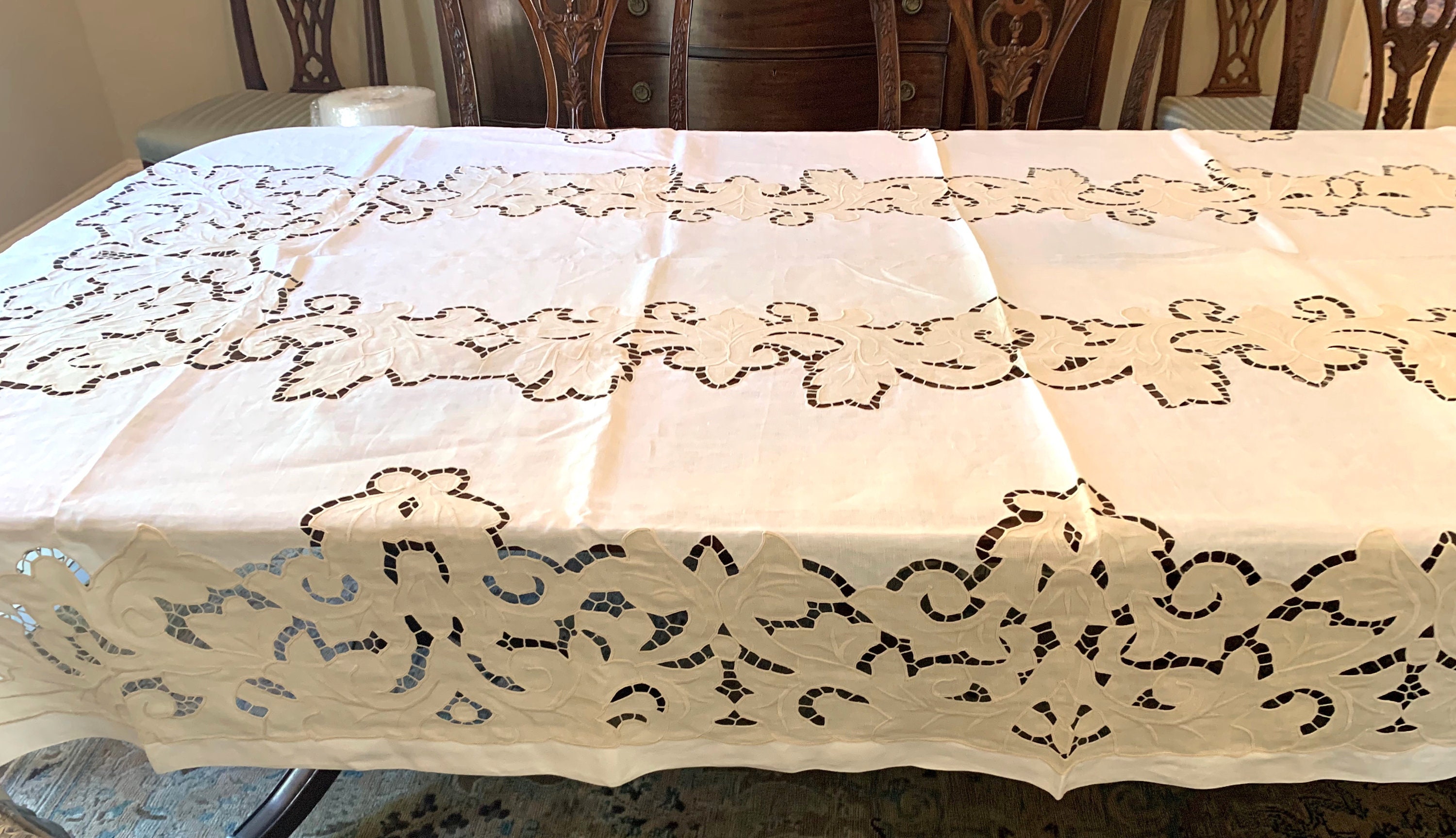 Vintage Waterford Linen Tablecloth, Cream and White Linen Tablecloth, Large Reception Tablecloth
