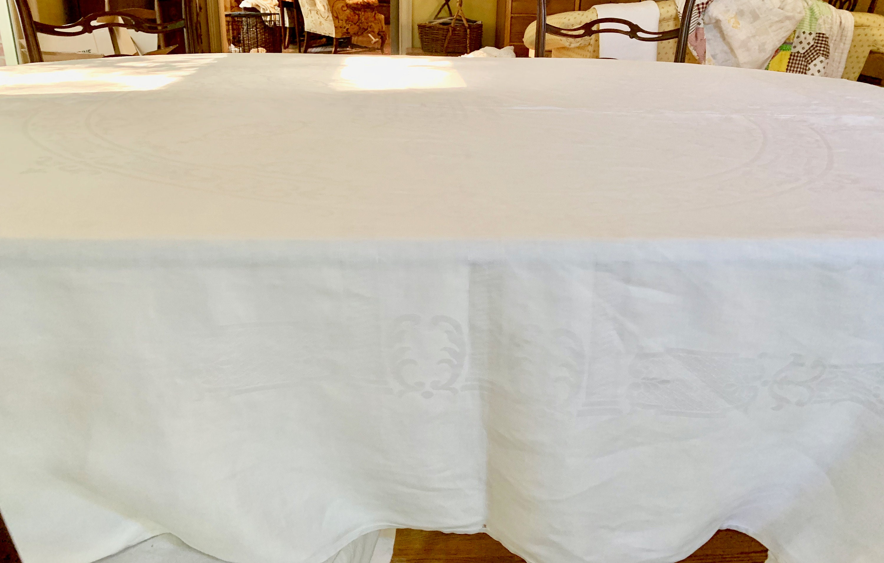 Damask Tablecloth, Vintage Linen Damask Table Cover, 68 x 68 Inches