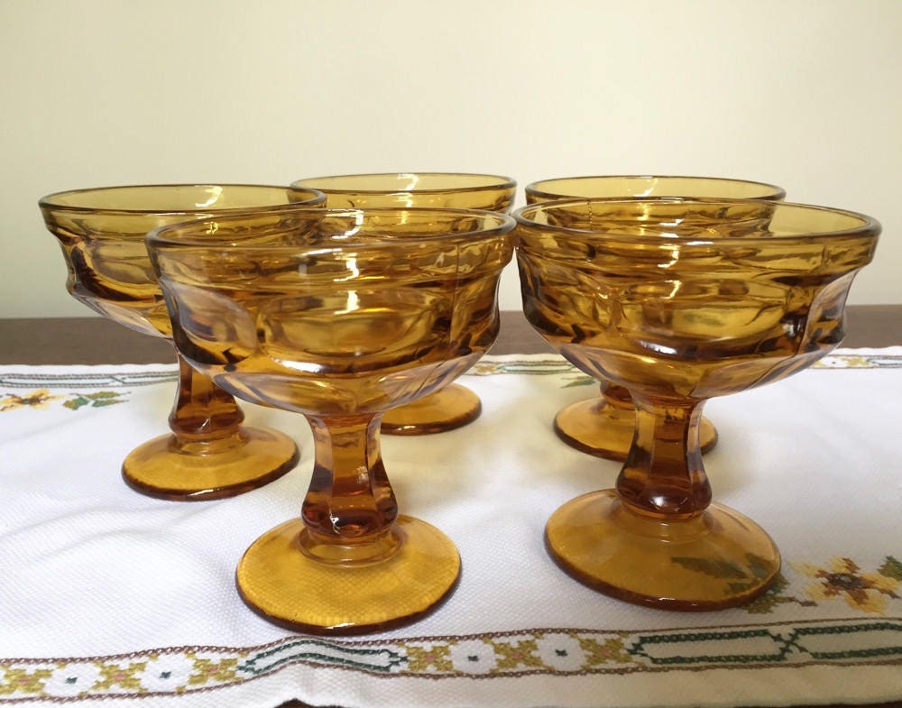 Amber Sherbet Glasses Set of 5, Libbey Ashburton Amber Sundae Sherbets